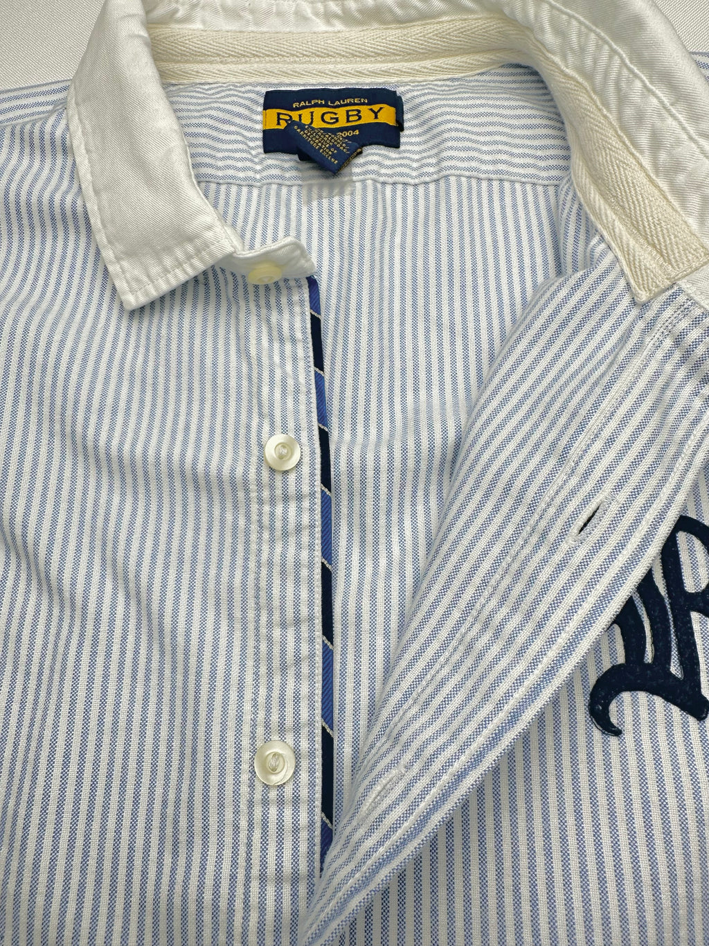 Vintage Ralph Lauren Rugby Men’s XXL Blue Striped Oxford Shirt Contrast Collar