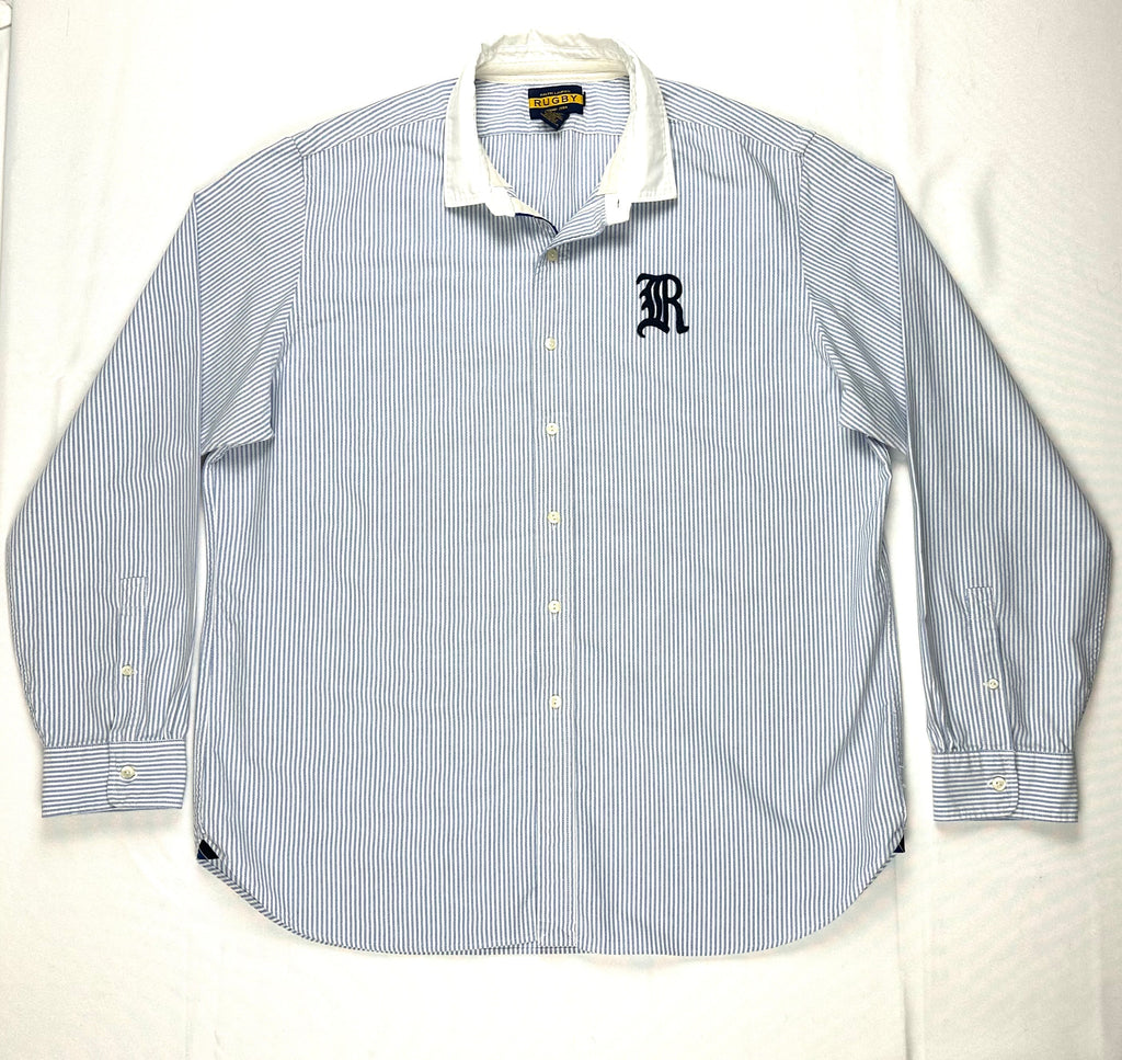 Vintage Ralph Lauren Rugby Men’s XXL Blue Striped Oxford Shirt Contrast Collar