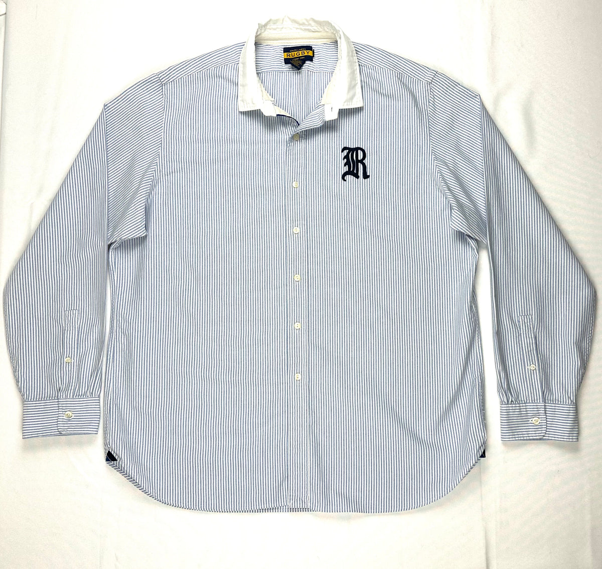 Vintage Ralph Lauren Rugby Men’s XXL Blue Striped Oxford Shirt Contrast Collar