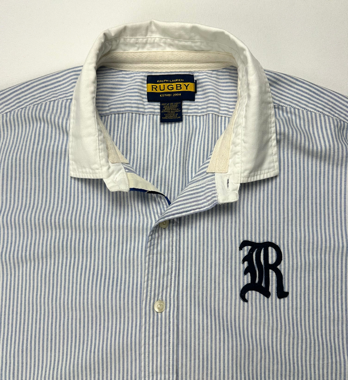 Vintage Ralph Lauren Rugby Men’s XXL Blue Striped Oxford Shirt Contrast Collar