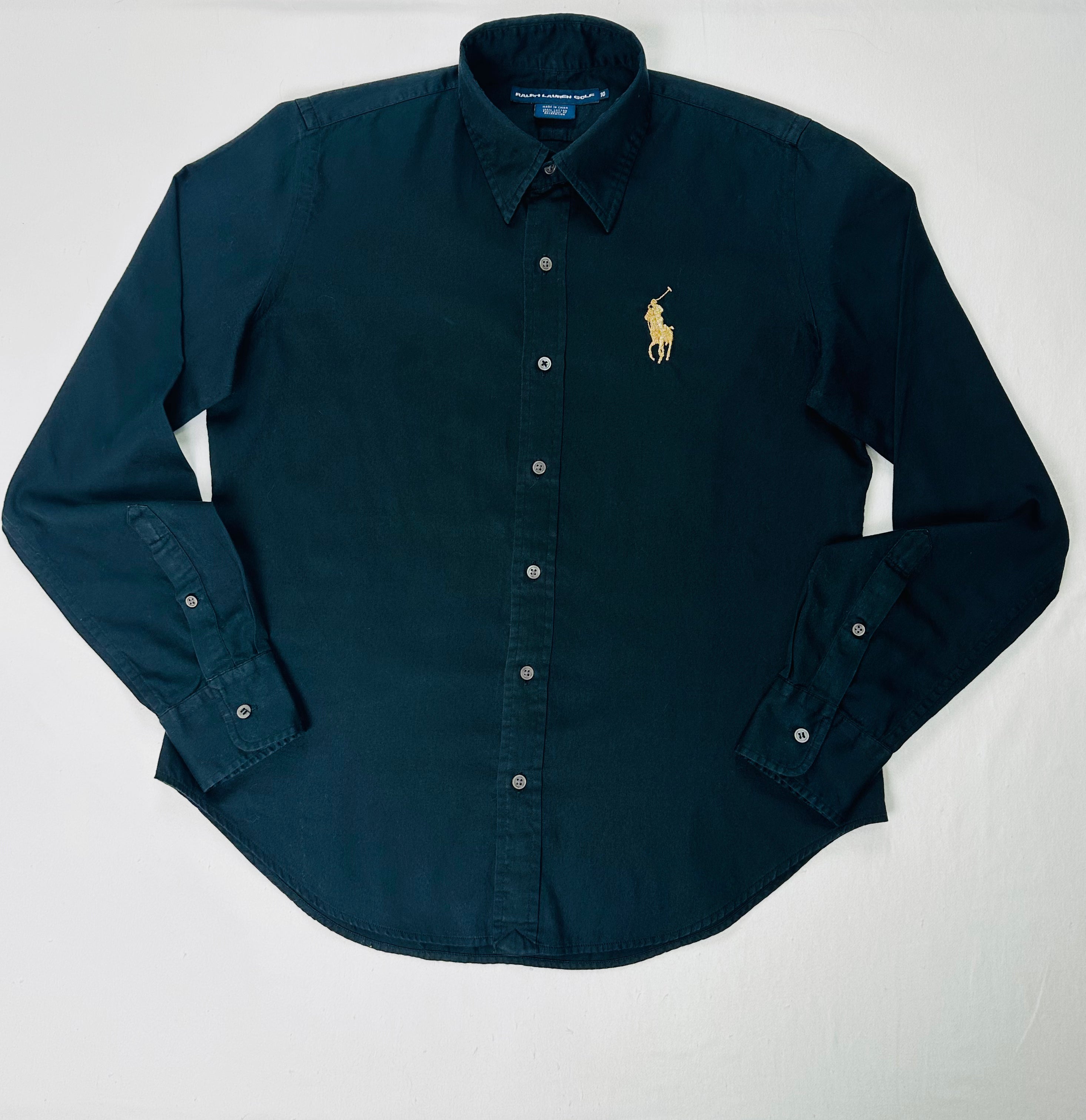 Vintage Ralph Lauren Golf Women’s 10 Black Cotton Shirt Gold Big Pony
