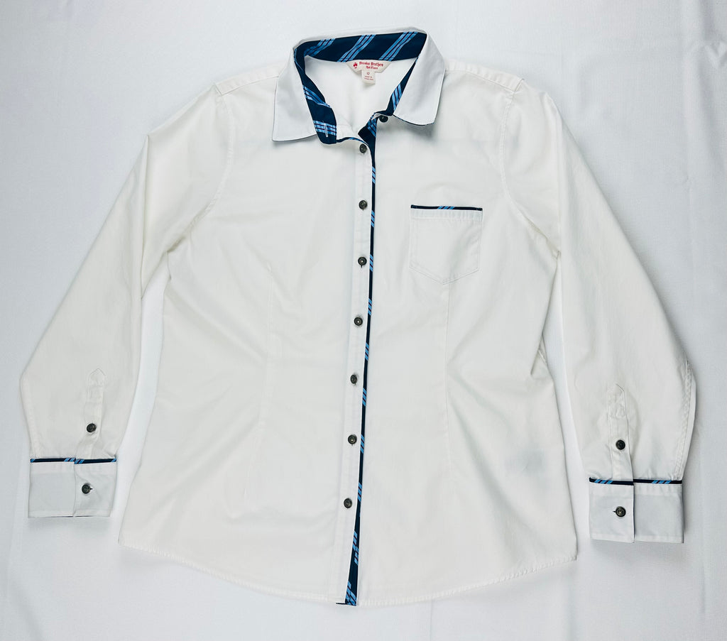 Brooks Brothers Red Fleece Women’s 12 White Cotton Stretch Shirt Blue Contrast Trim