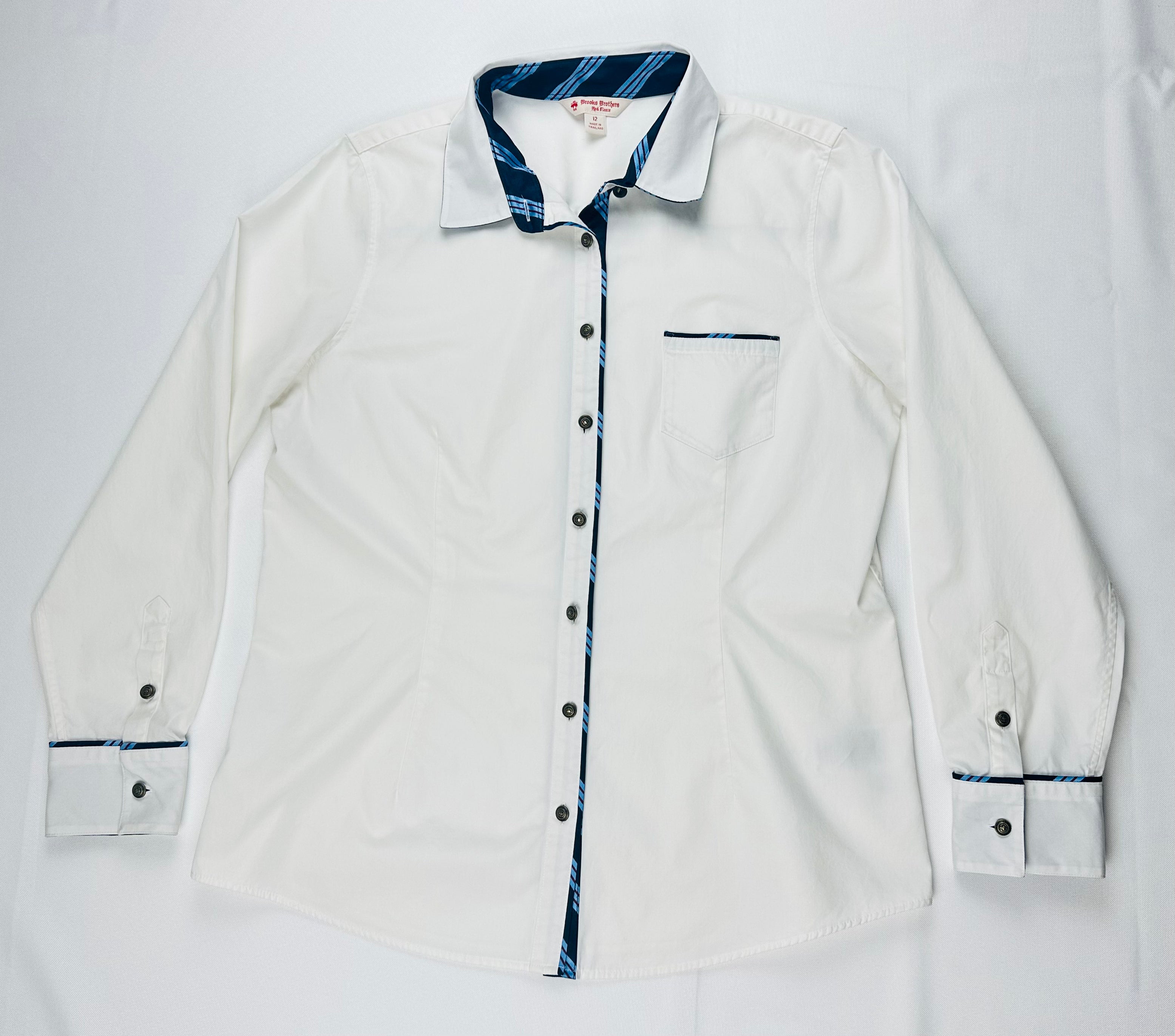 Brooks Brothers Red Fleece Women’s 12 White Cotton Stretch Shirt Blue Contrast Trim