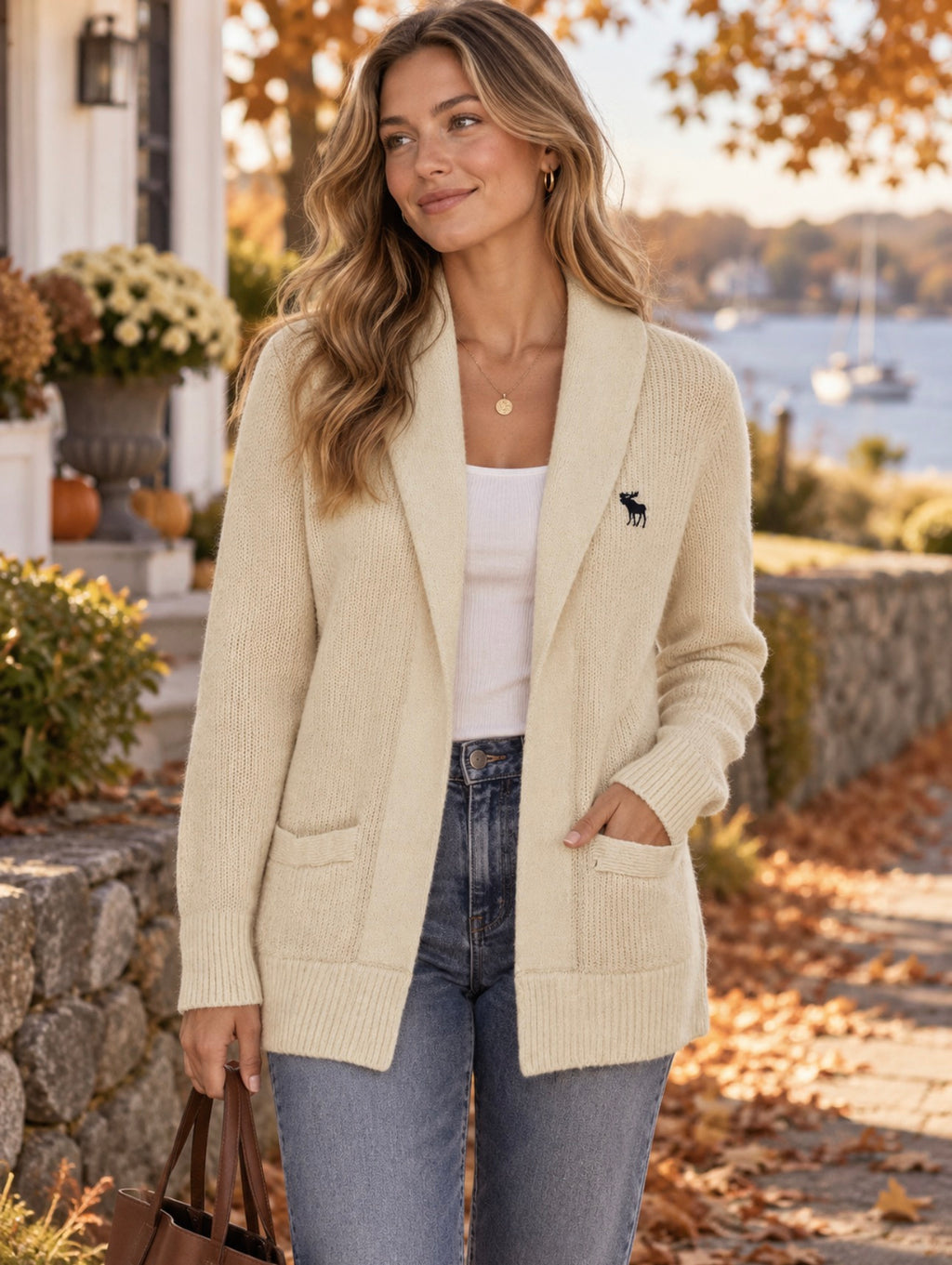 Abercrombie & Fitch Women’s L Cream Wool Blend Shawl Collar Cardigan Moose