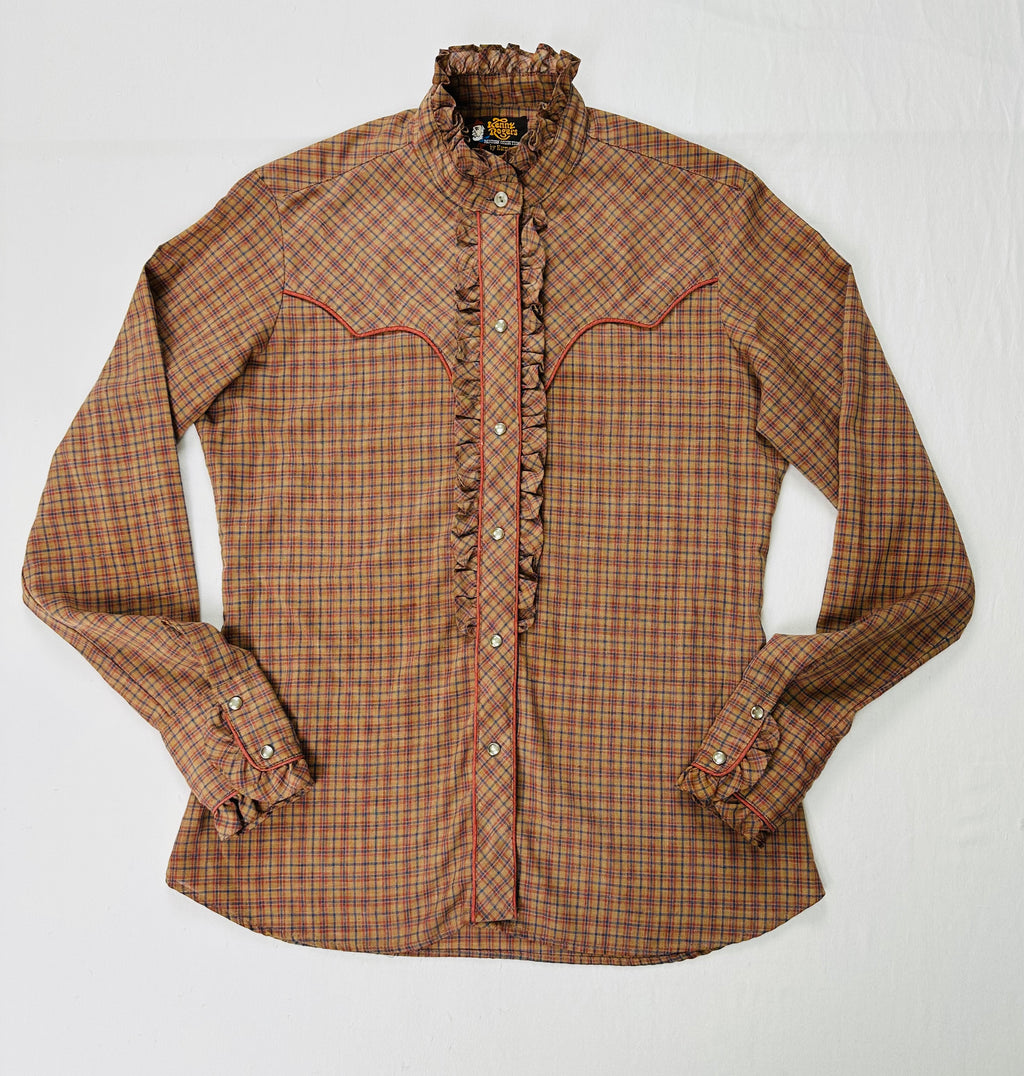 Vintage Kenny Rogers Women’s 11/12 Plaid Ruffle Pearl Snap Western Shirt