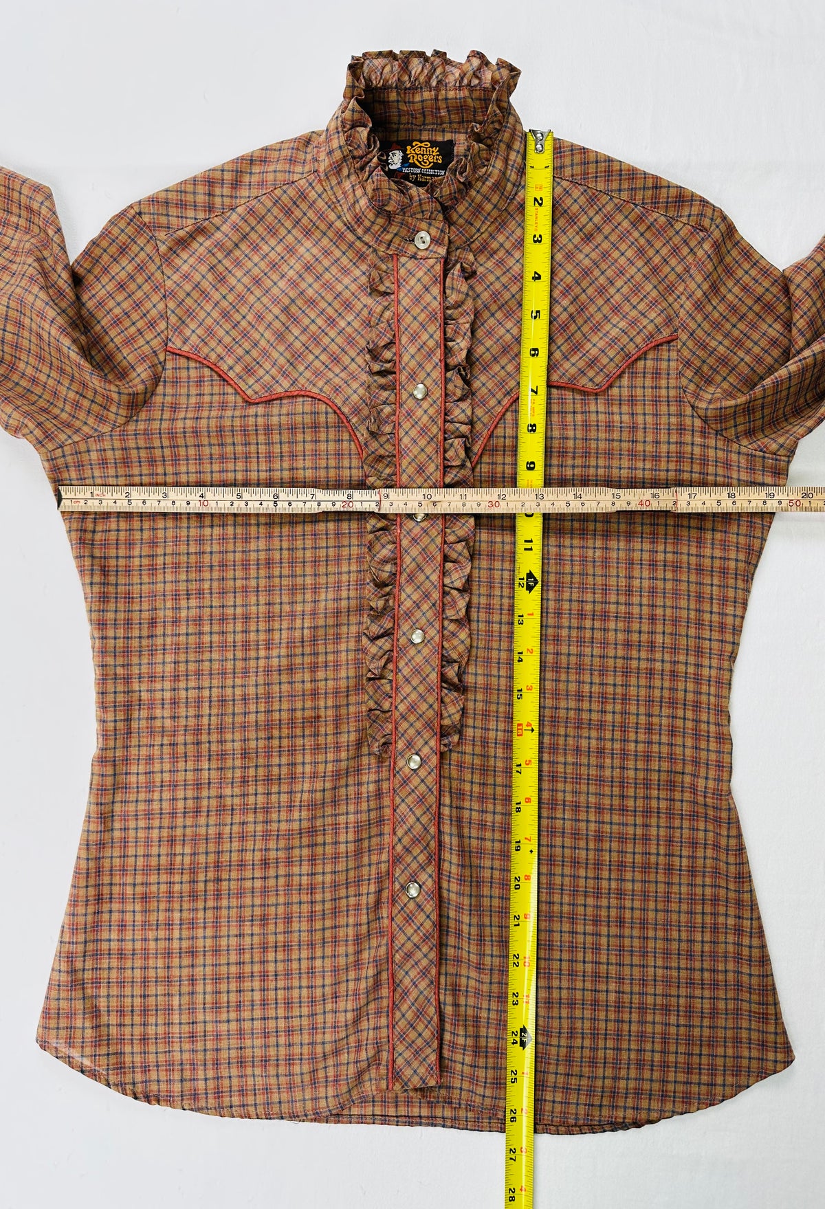 Vintage Kenny Rogers Women’s 11/12 Plaid Ruffle Pearl Snap Western Shirt