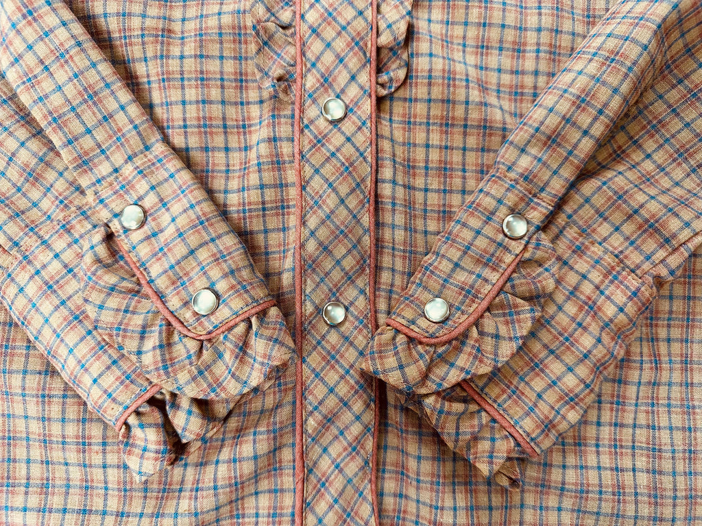 Vintage Kenny Rogers Women’s 11/12 Plaid Ruffle Pearl Snap Western Shirt