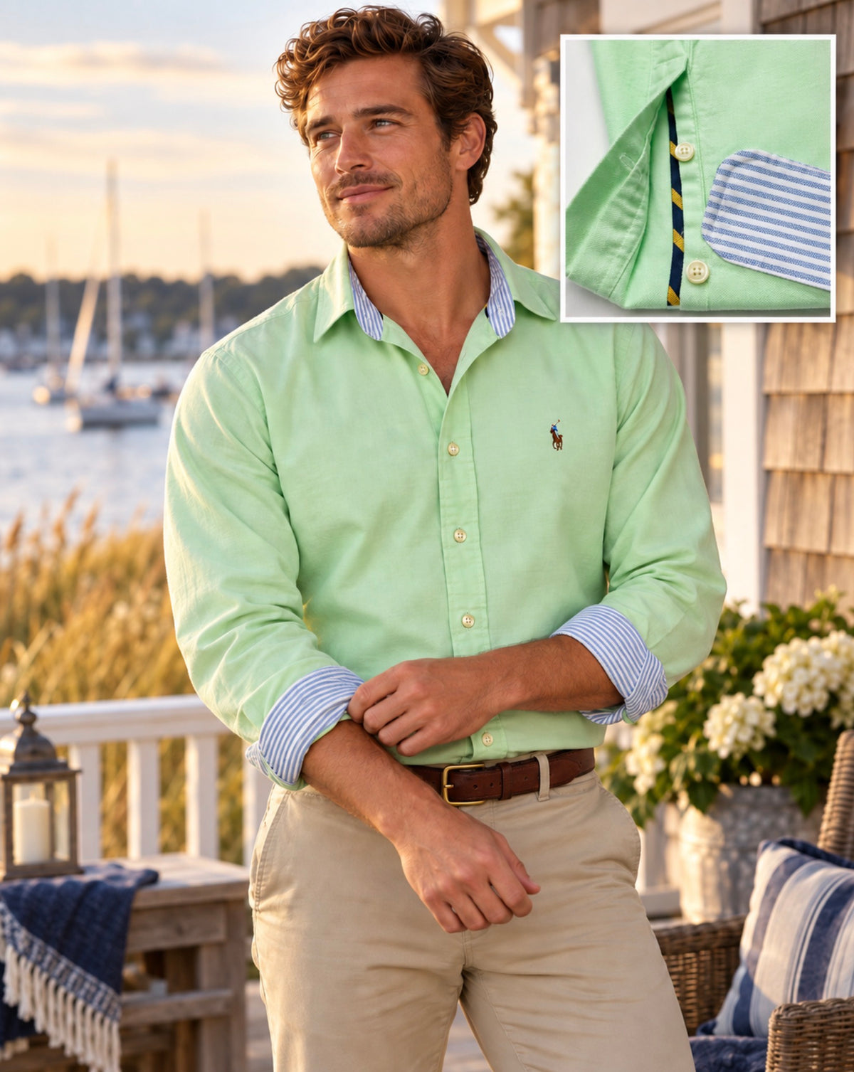 Men’s Ralph Lauren Mint Green Oxford Button-Down Shirt Contrast Collar Grosgrain Trim M