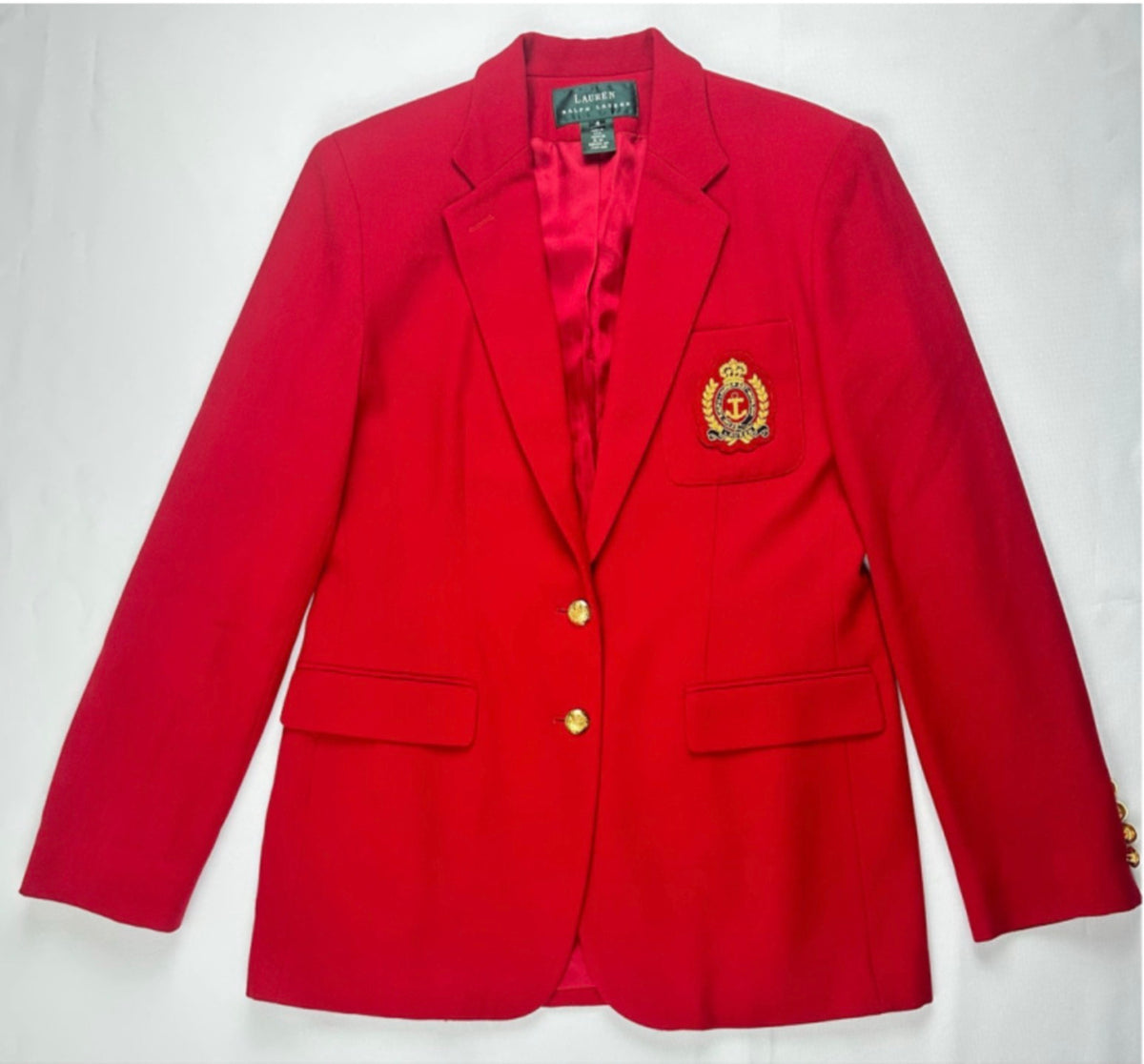Lauren Ralph Lauren Women’s 4 Red Wool Nautical Crest Gold Button Blazer Made USA