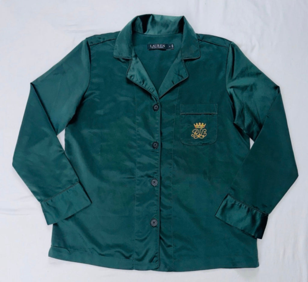 Lauren Ralph Lauren Women’s Small Green Satin Pajama Set Crown Crest Loungewear