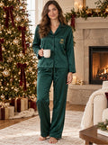 Lauren Ralph Lauren Women’s Small Green Satin Pajama Set Crown Crest Loungewear