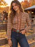 Vintage Kenny Rogers Women’s 11/12 Plaid Ruffle Pearl Snap Western Shirt