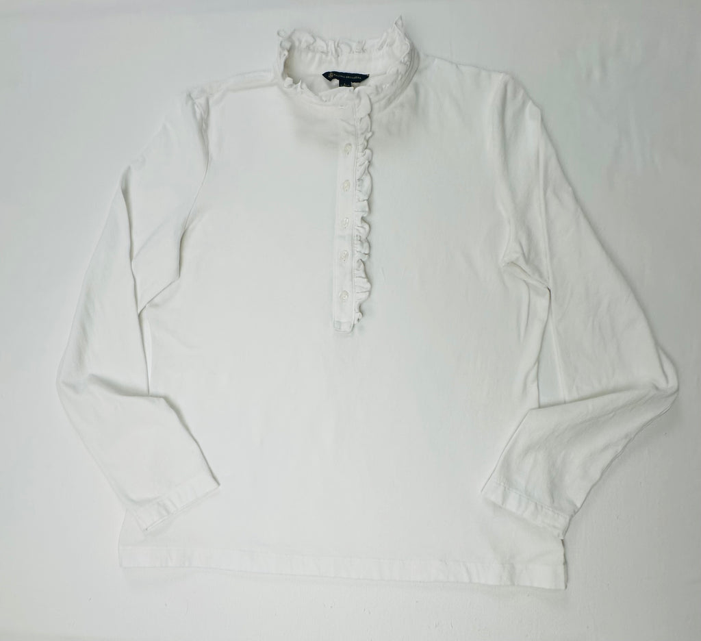 Brooks Brothers Women’s Ruffle Collar Pullover Top White Size L Logo Buttons