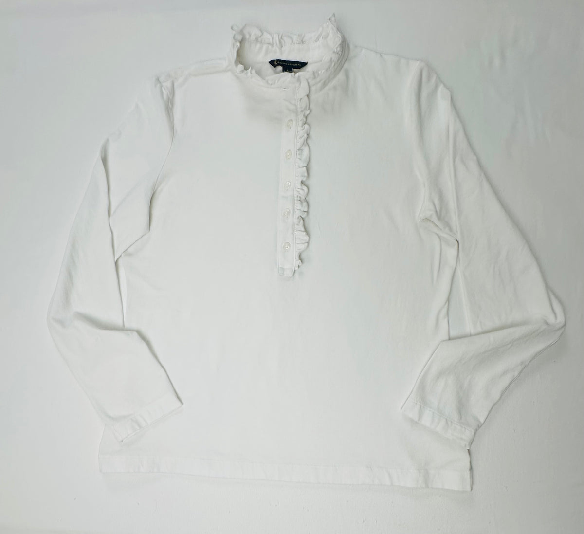 Brooks Brothers Women’s Ruffle Collar Pullover Top White Size L Logo Buttons