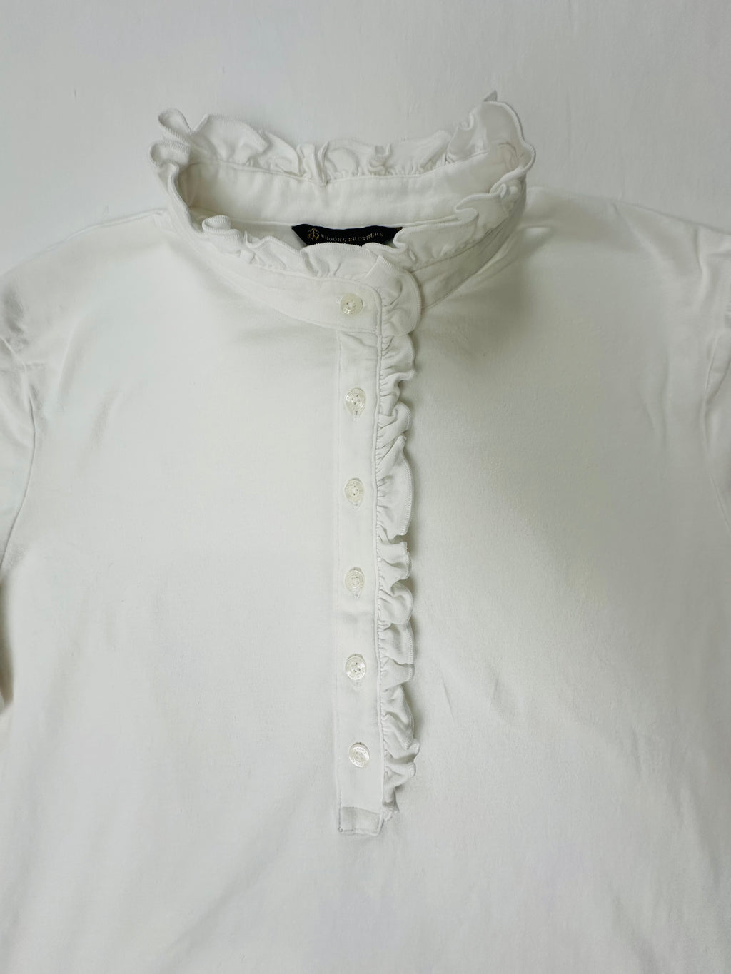 Brooks Brothers Women’s Ruffle Collar Pullover Top White Size L Logo Buttons