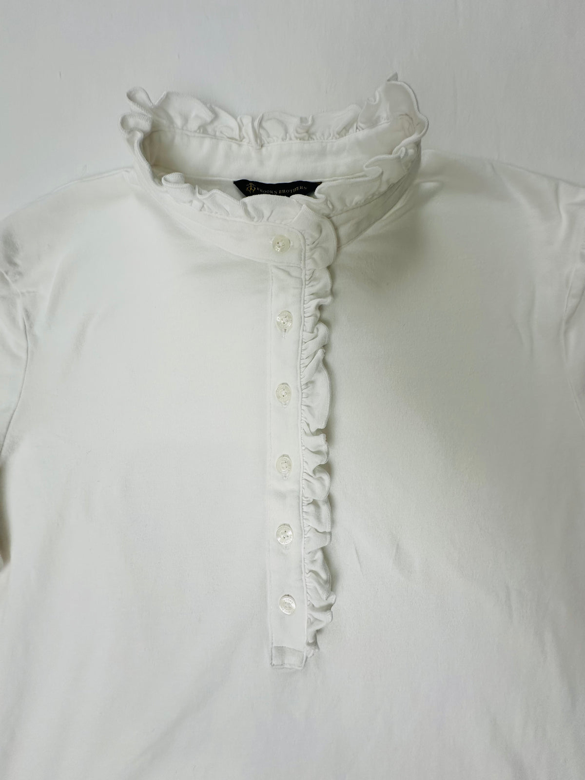 Brooks Brothers Women’s Ruffle Collar Pullover Top White Size L Logo Buttons