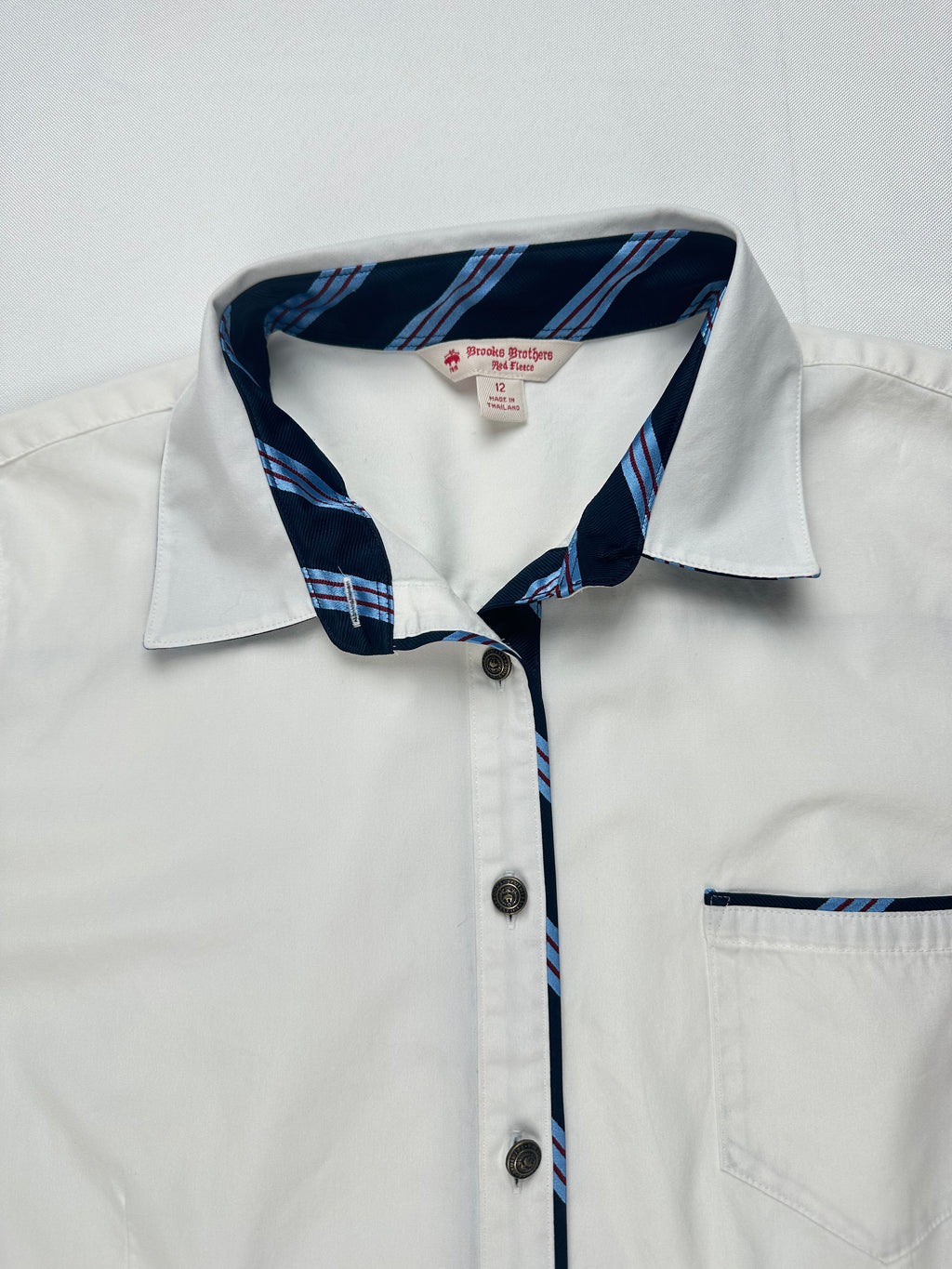 Brooks Brothers Red Fleece Women’s 12 White Cotton Stretch Shirt Blue Contrast Trim