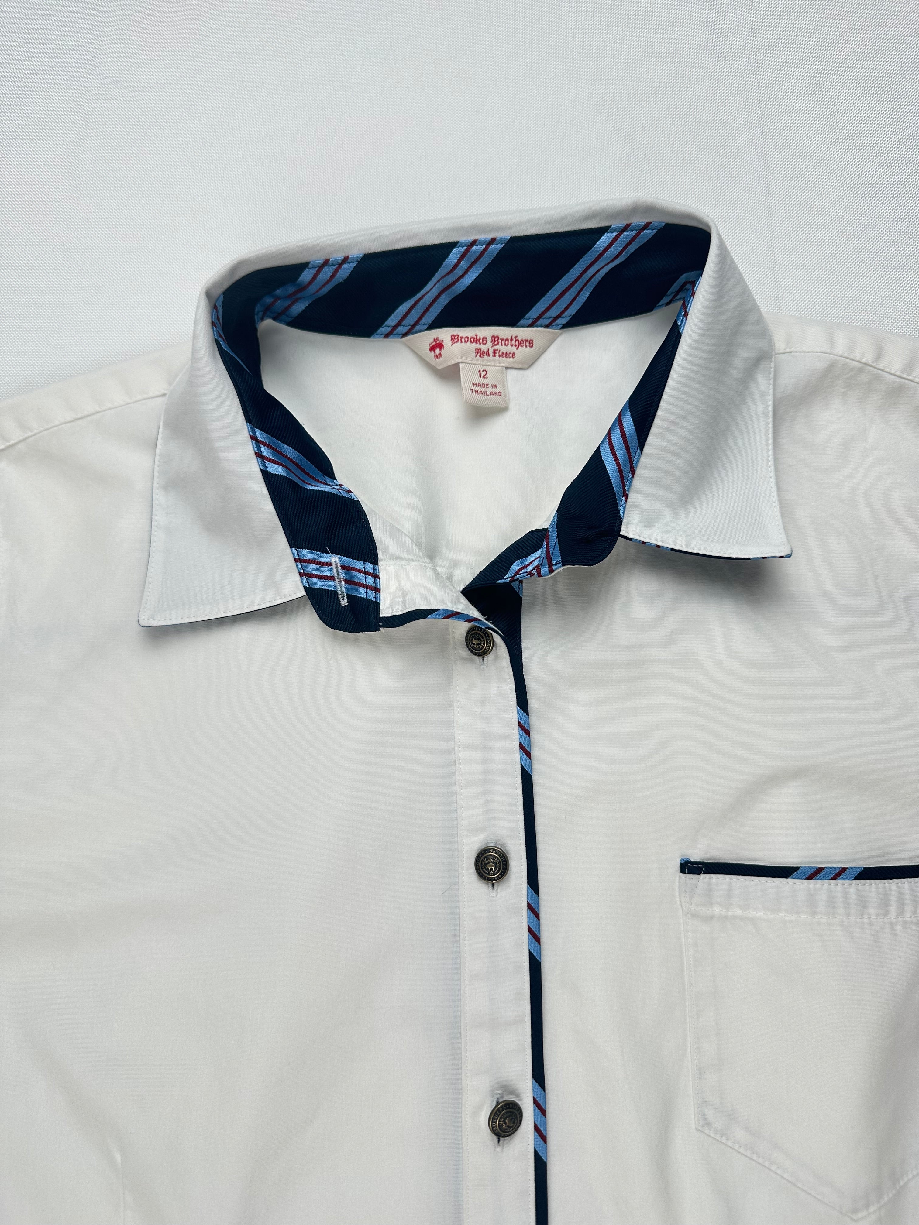 Brooks Brothers Red Fleece Women’s 12 White Cotton Stretch Shirt Blue Contrast Trim
