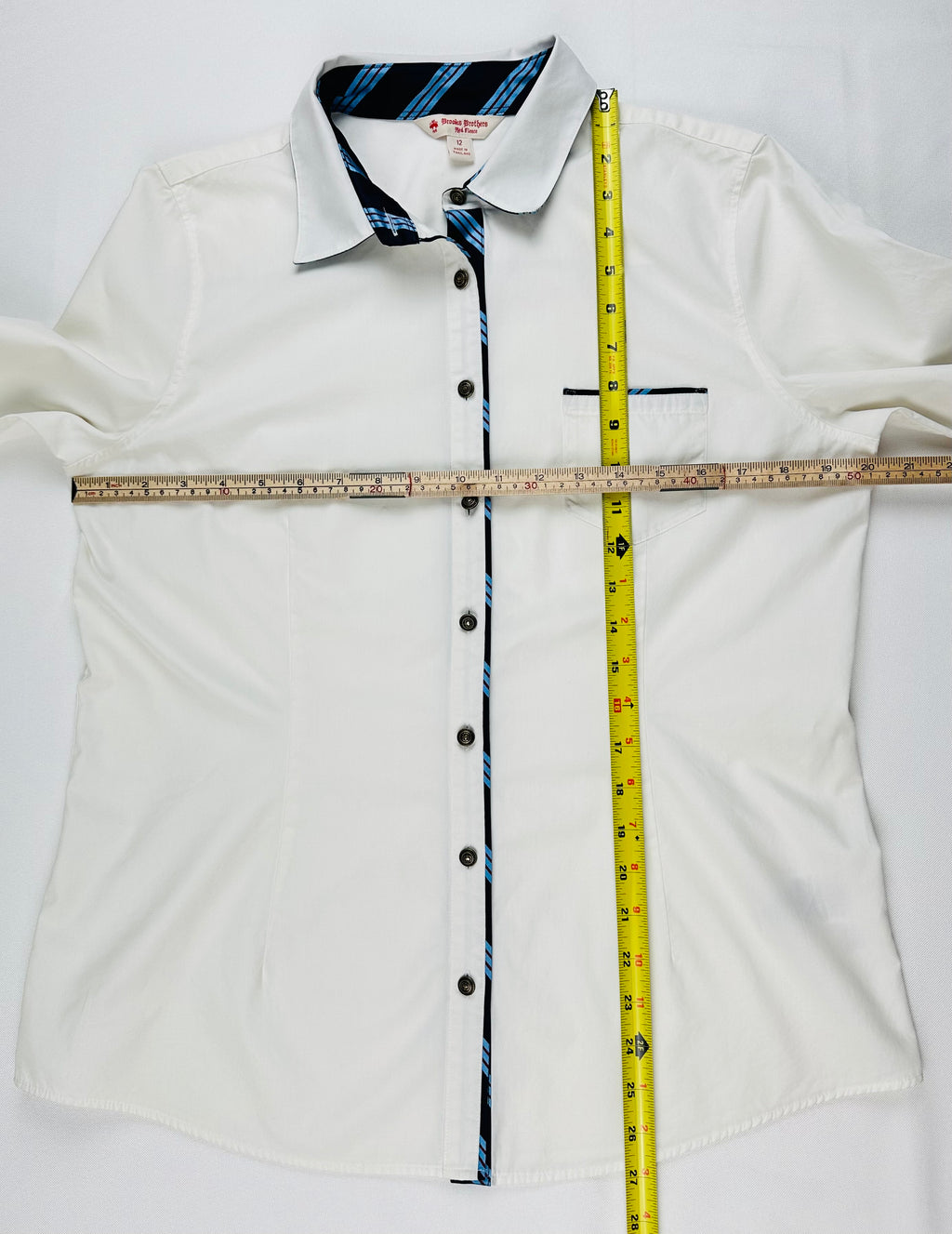 Brooks Brothers Red Fleece Women’s 12 White Cotton Stretch Shirt Blue Contrast Trim