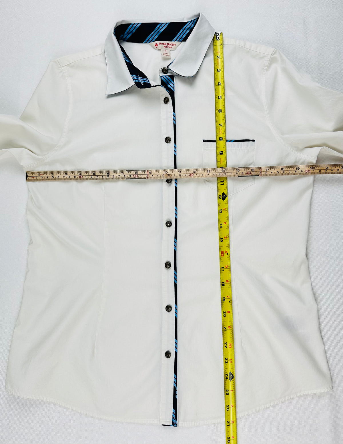 Brooks Brothers Red Fleece Women’s 12 White Cotton Stretch Shirt Blue Contrast Trim