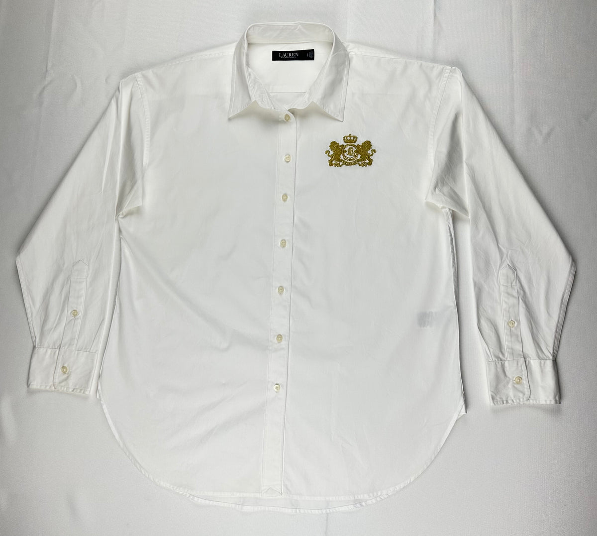Lauren Ralph Lauren Women’s L White Cotton Shirt Gold Crest Logo Buttons