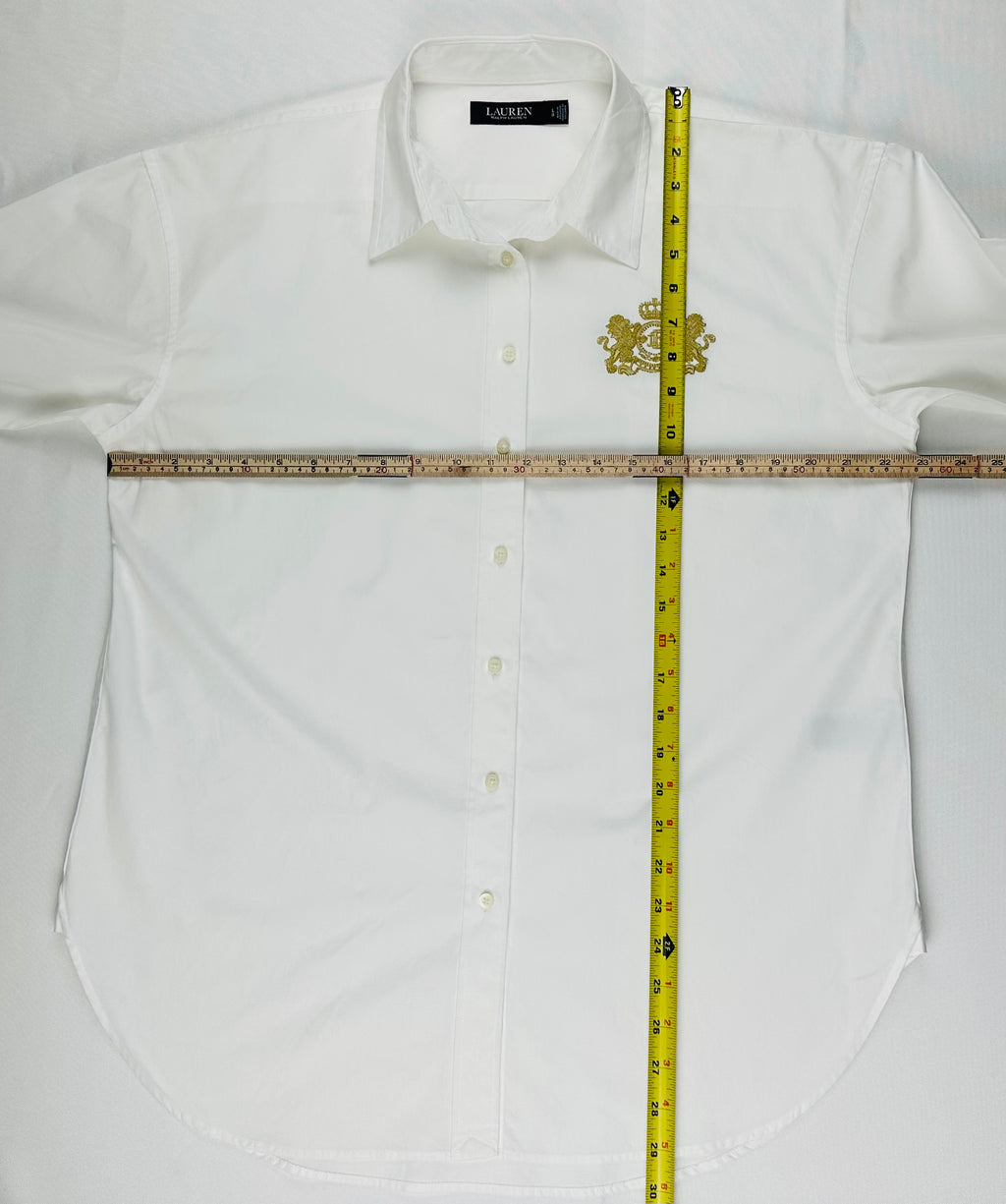 Lauren Ralph Lauren Women’s L White Cotton Shirt Gold Crest Logo Buttons