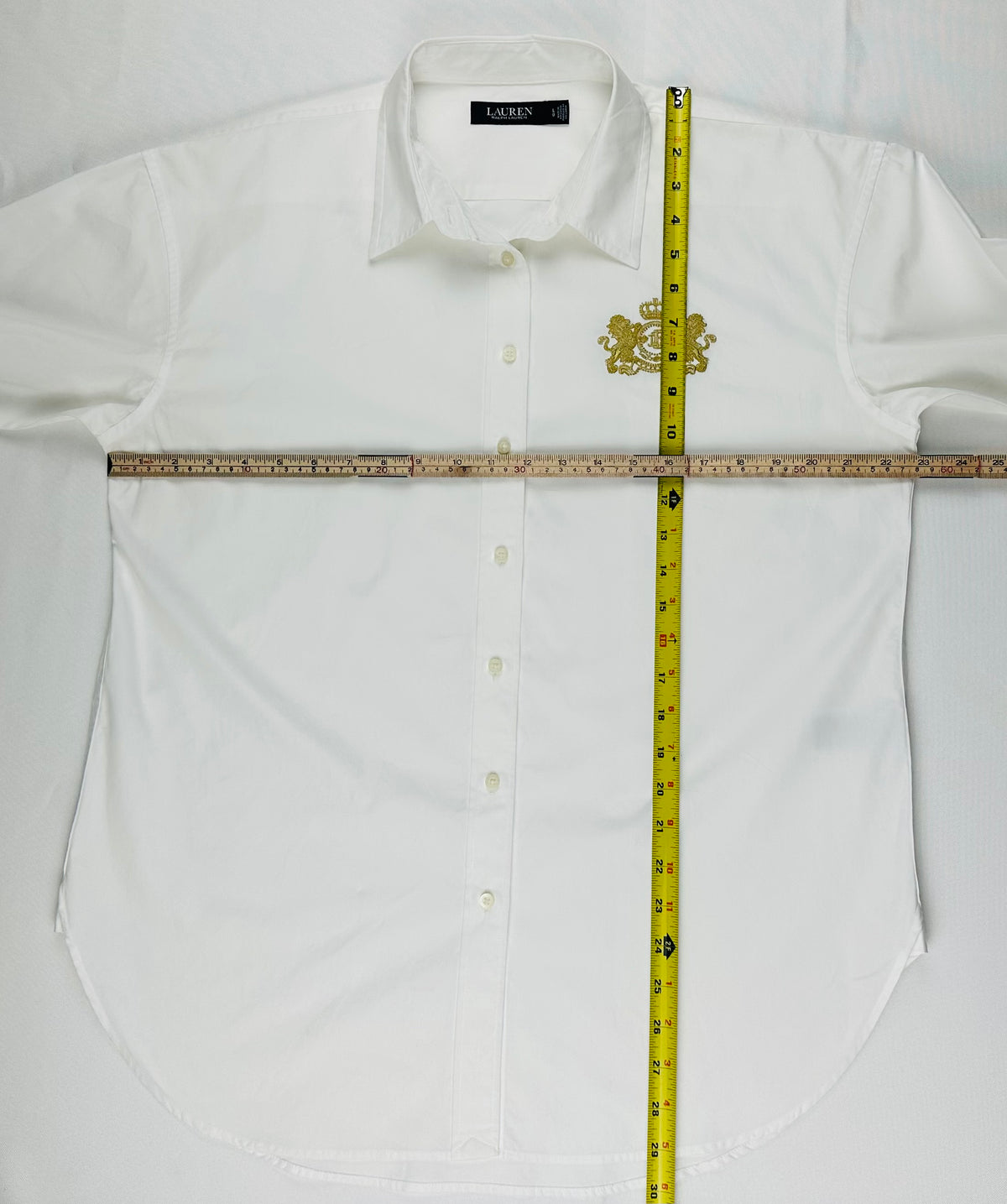 Lauren Ralph Lauren Women’s L White Cotton Shirt Gold Crest Logo Buttons