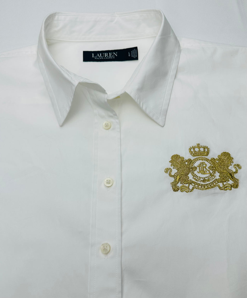 Lauren Ralph Lauren Women’s L White Cotton Shirt Gold Crest Logo Buttons