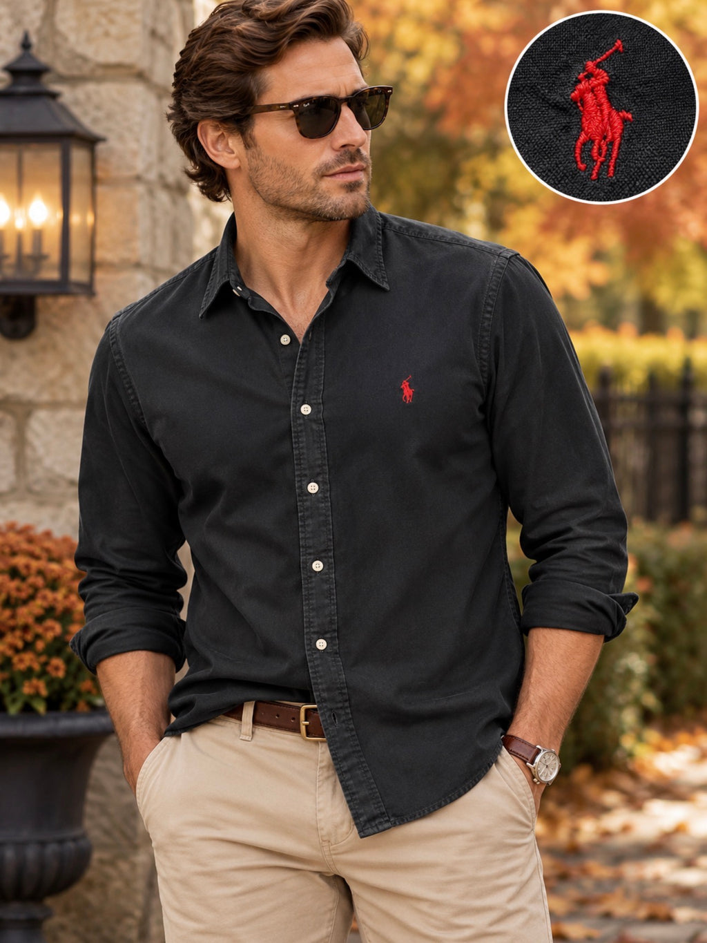 Ralph Lauren Men’s S Classic Fit Black Cotton Button-Down Shirt Red Pony