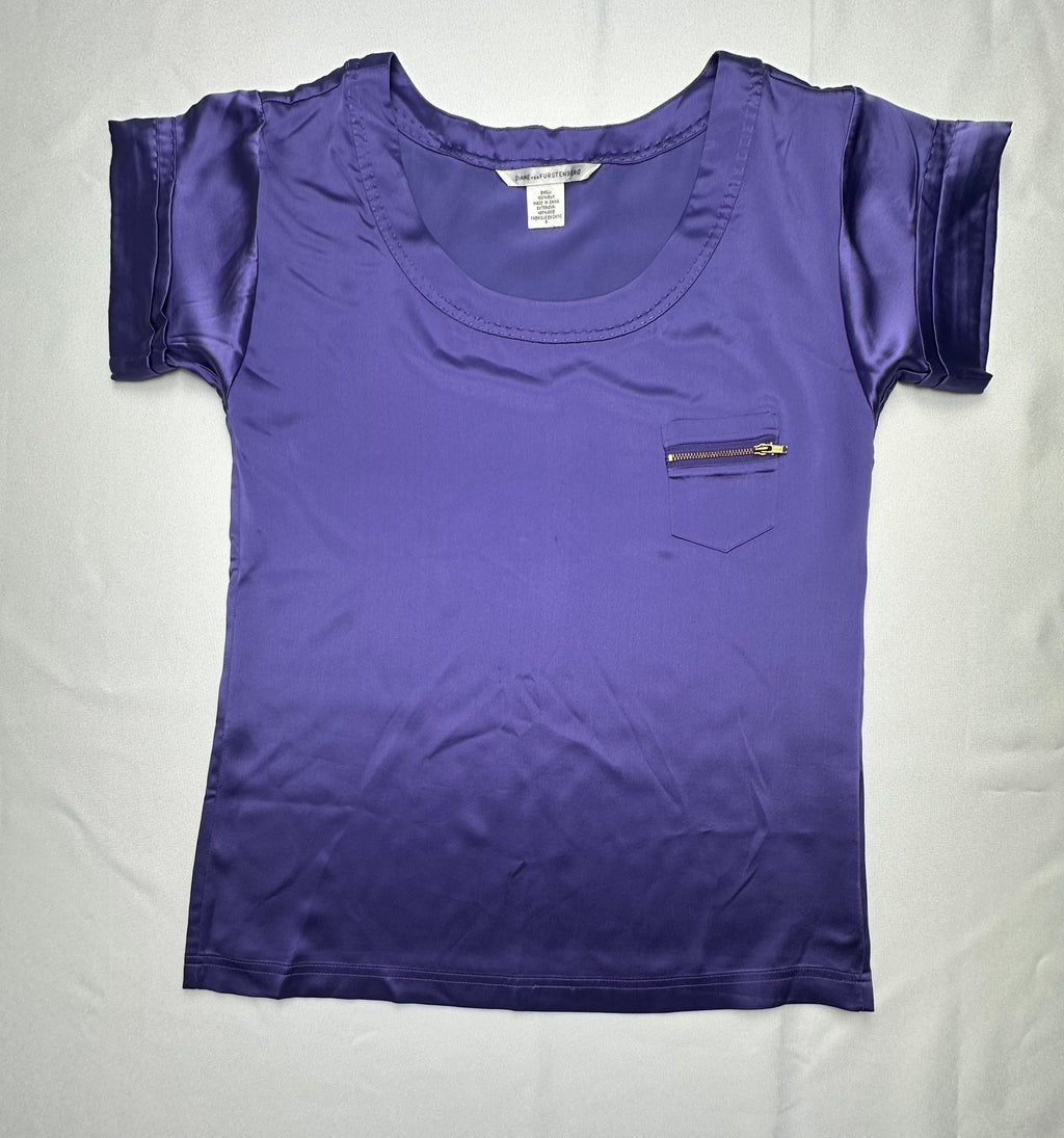 Diane Von Furstenberg Women’s 0 Purple 100% Silk Short Sleeve Zip Pocket Blouse