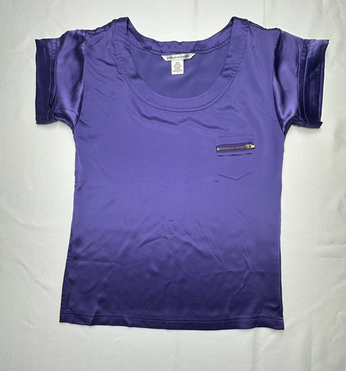 Diane Von Furstenberg Women’s 0 Purple 100% Silk Short Sleeve Zip Pocket Blouse