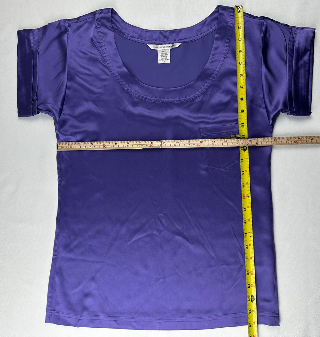 Diane Von Furstenberg Women’s 0 Purple 100% Silk Short Sleeve Zip Pocket Blouse