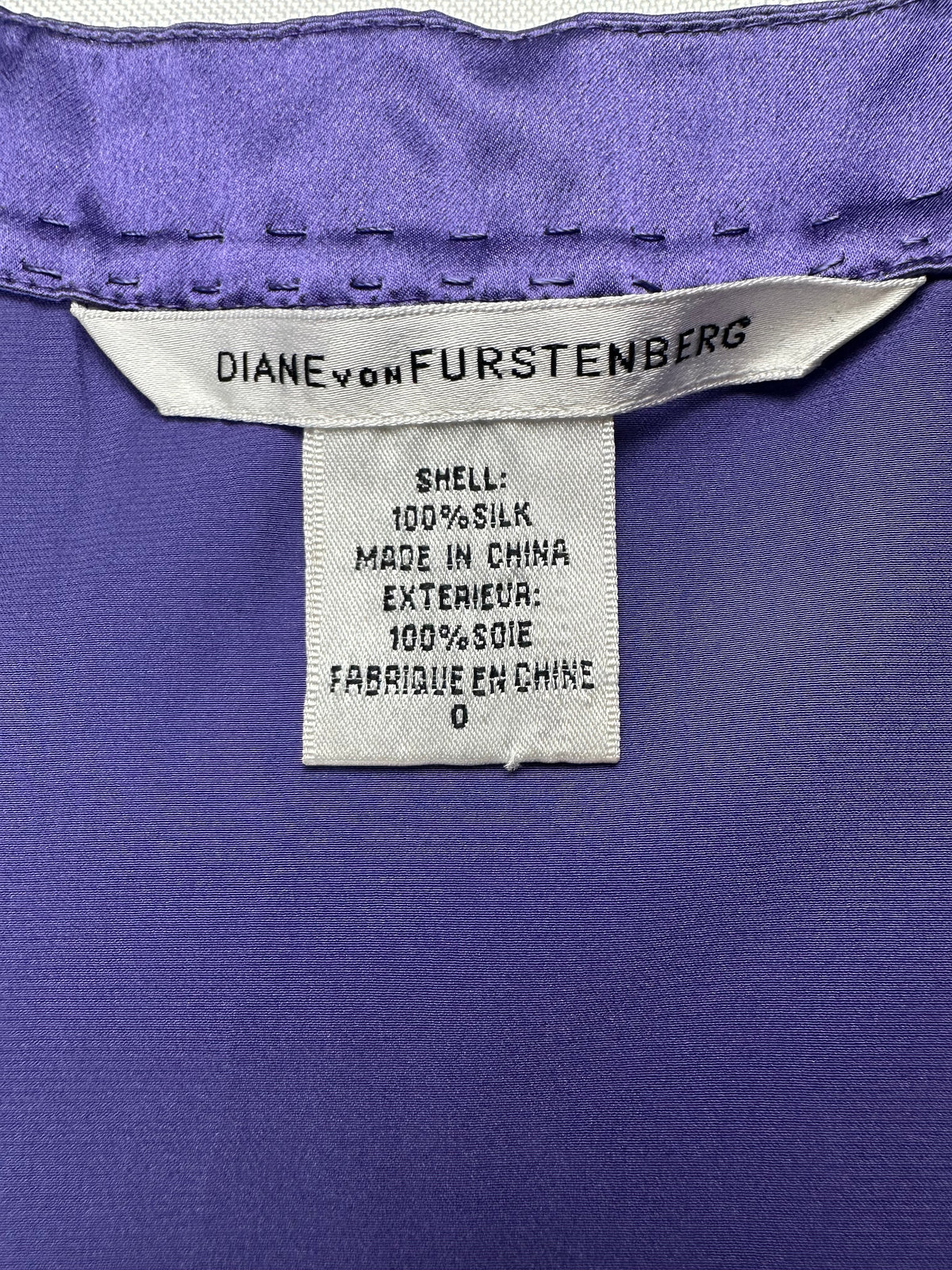 Diane Von Furstenberg Women’s 0 Purple 100% Silk Short Sleeve Zip Pocket Blouse