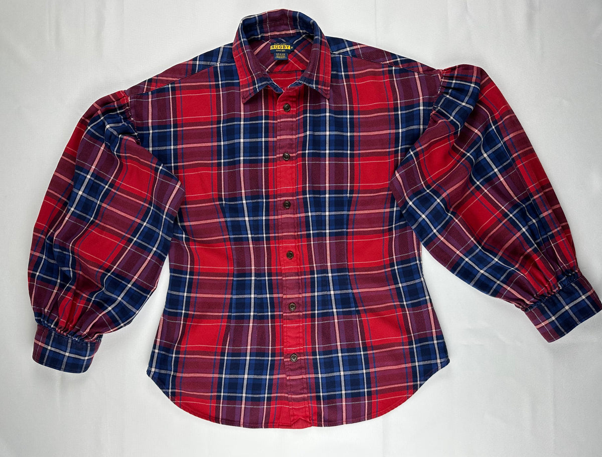 Vintage Ralph Lauren Rugby Women’s 8 Red Navy Plaid Balloon Sleeve Flannel Shirt