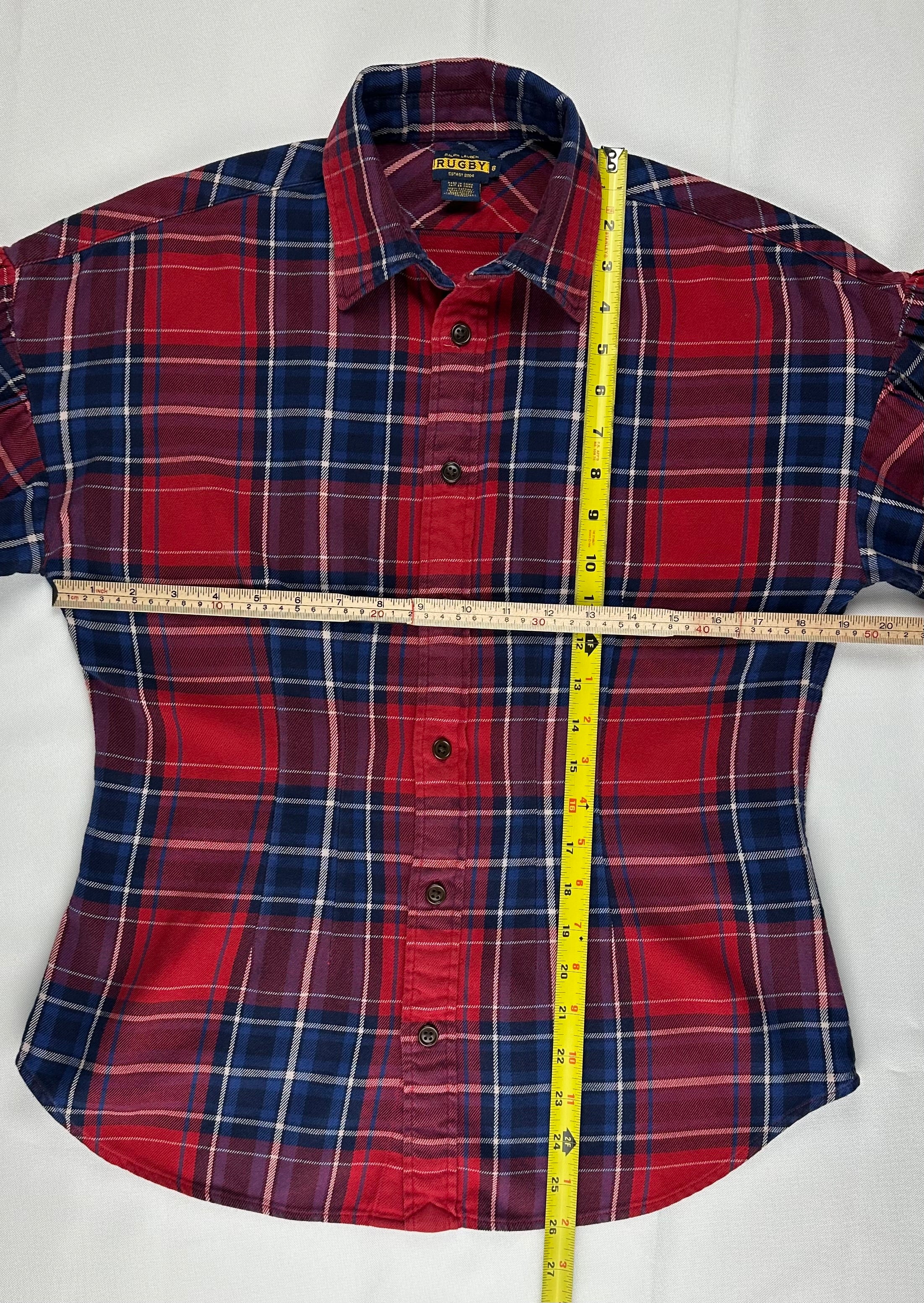 Vintage Ralph Lauren Rugby Women’s 8 Red Navy Plaid Balloon Sleeve Flannel Shirt
