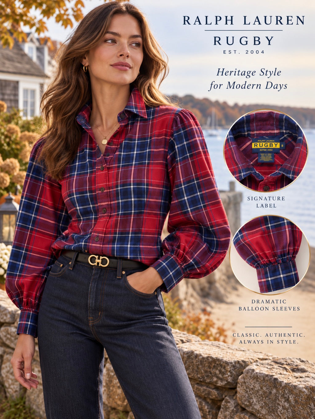 Vintage Ralph Lauren Rugby Women’s 8 Red Navy Plaid Balloon Sleeve Flannel Shirt