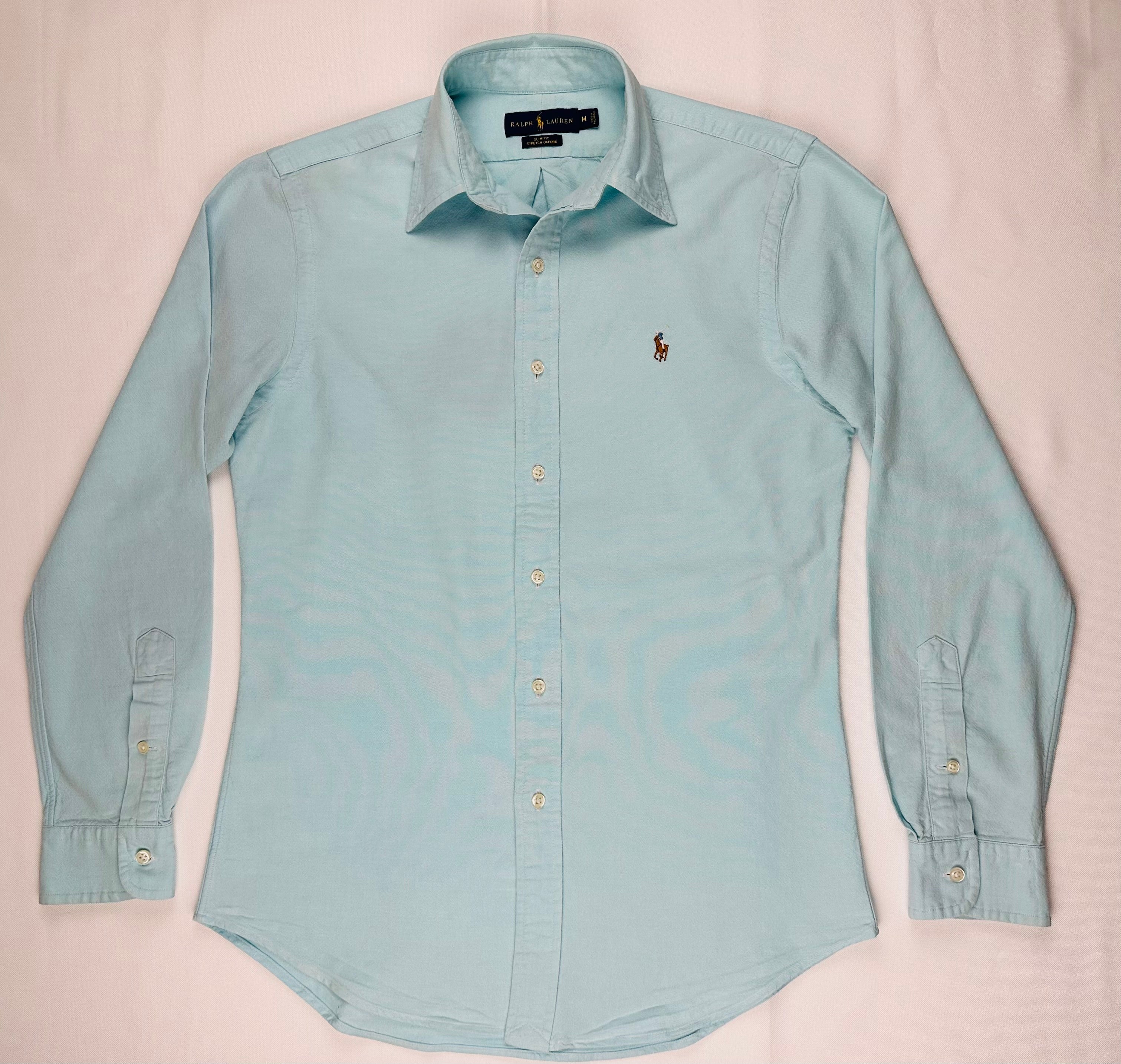 Ralph Lauren Women’s M Slim Fit Stretch Oxford Shirt Aqua Blue Long Sleeve w/ Flaw
