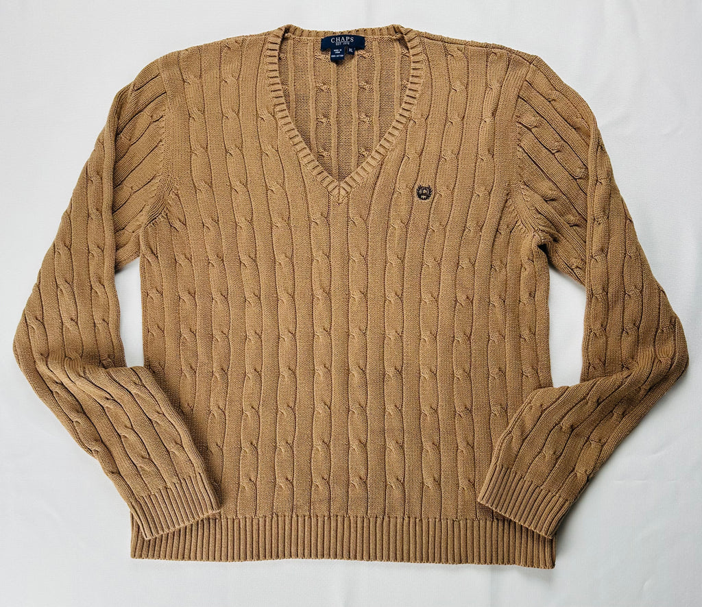 Chaps Women’s XL Camel Cable Knit Cotton V-Neck Sweater Crest Logo