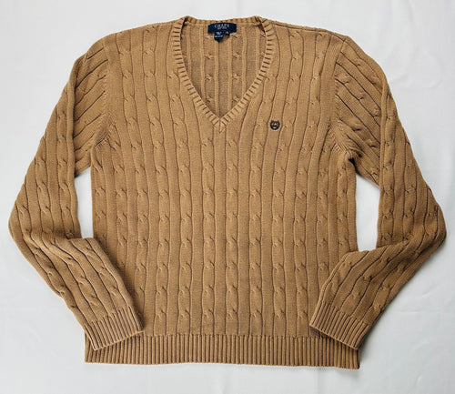 Chaps Women’s XL Camel Cable Knit Cotton V-Neck Sweater Crest Logo