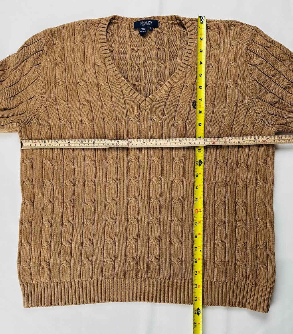 Chaps Women’s XL Camel Cable Knit Cotton V-Neck Sweater Crest Logo