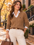 Chaps Women’s XL Camel Cable Knit Cotton V-Neck Sweater Crest Logo