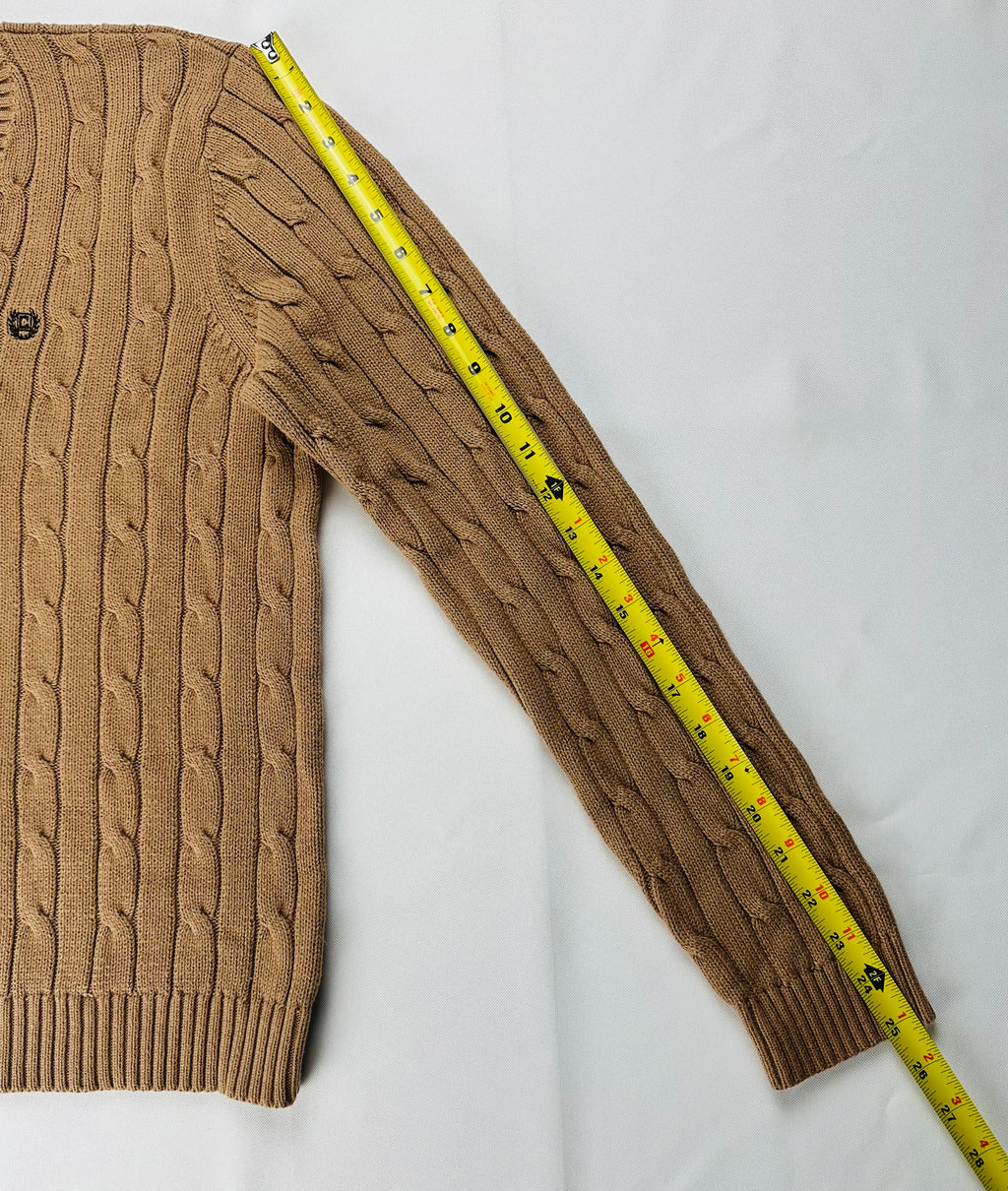Chaps Women’s XL Camel Cable Knit Cotton V-Neck Sweater Crest Logo