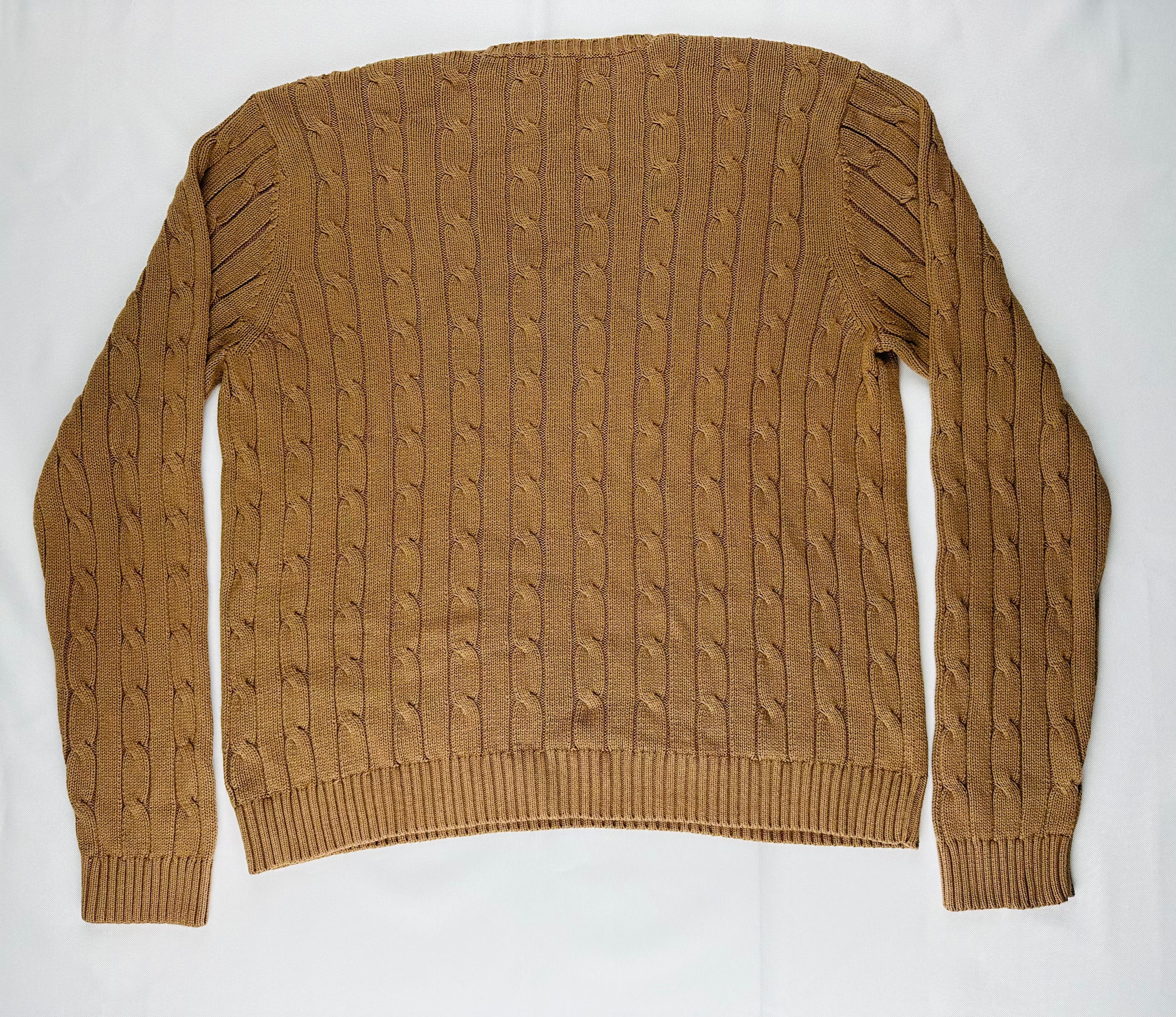 Chaps Women’s XL Camel Cable Knit Cotton V-Neck Sweater Crest Logo