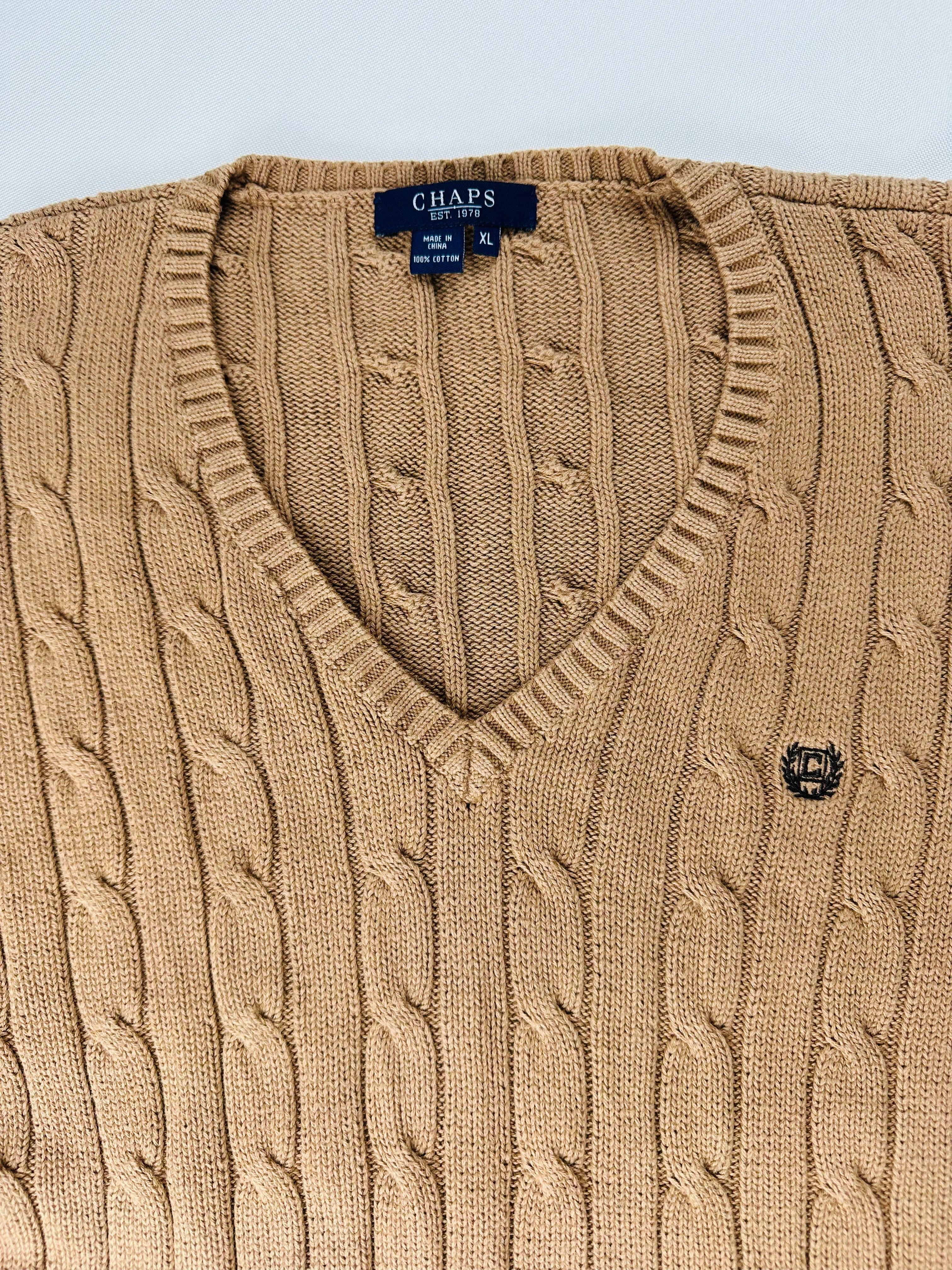 Chaps Women’s XL Camel Cable Knit Cotton V-Neck Sweater Crest Logo
