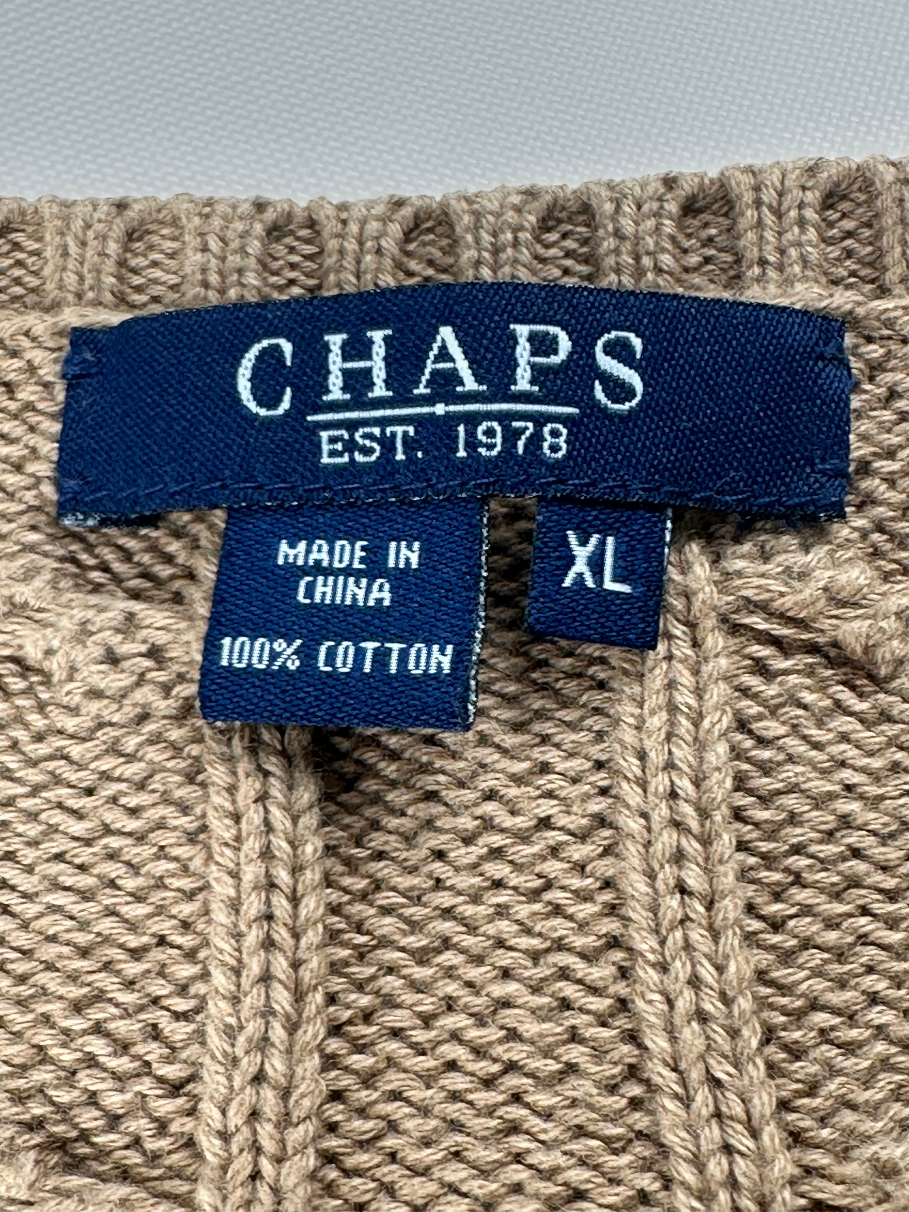 Chaps Women’s XL Camel Cable Knit Cotton V-Neck Sweater Crest Logo