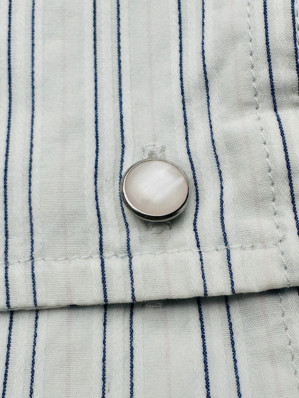 Vintage Ezra Fitch 1892 Women’s L White Navy Stripe French Cuff Shirt Moose Heritage