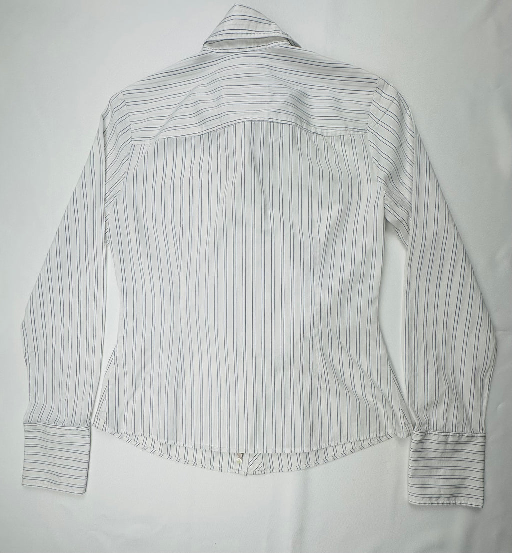 Vintage Ezra Fitch 1892 Women’s L White Navy Stripe French Cuff Shirt Moose Heritage
