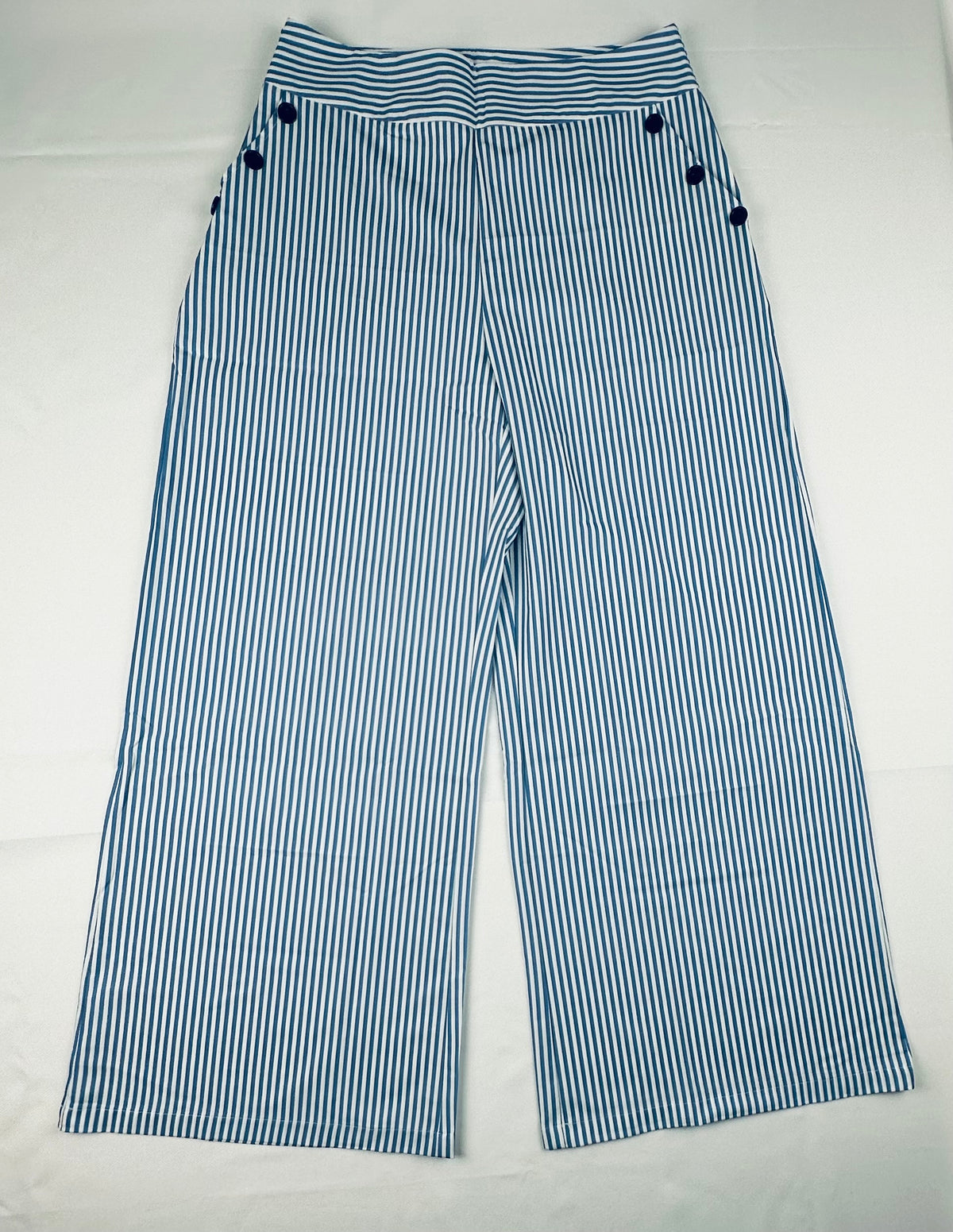 Women’s Blue White Striped Wide Leg Sailor Pants XL High Rise Side Zip Nautical