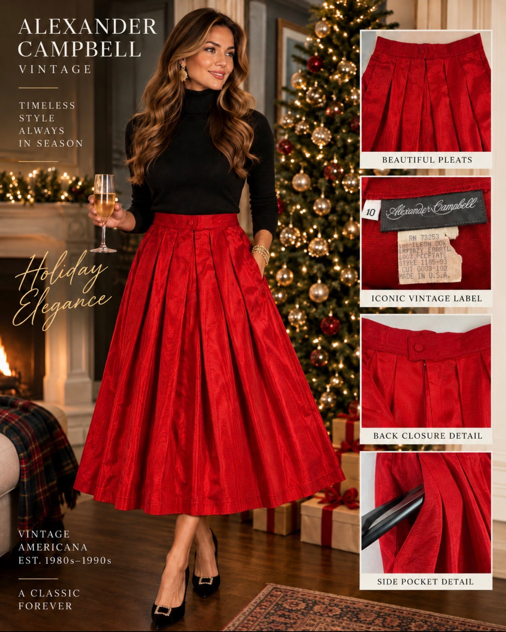 Vintage 1980s Crimson Pleated Midi Skirt — Alexander Campbell, Size 10