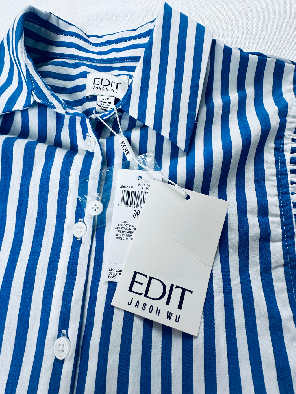 NWT EDIT Jason Wu S Blue White Stripe Puff Sleeve Cropped Button Down Shirt